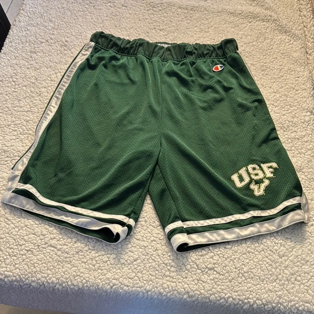 Champion USF Green and White Athletic Shorts with Double Stripe Design